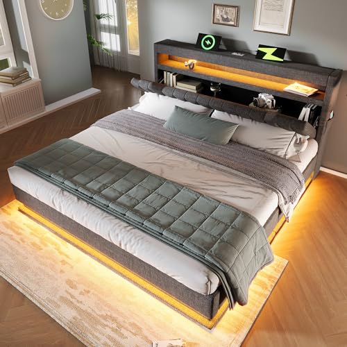 ZYLOYAL10 Polsterbett mit USB L-E-D Doppelbett mit Lattenrost aus Metallrahmen,Bettgestell aus Leinenmaterial Jugendbett (Grau - D, 140x200cm) von ZYLOYAL10