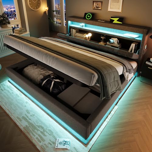 ZYLOYAL10 Polsterbett mit USB L-E-D Doppelbett mit Lattenrost aus Metallrahmen,Bettgestell aus Leinenmaterial Jugendbett (Grau - D, 160x200cm) von ZYLOYAL10