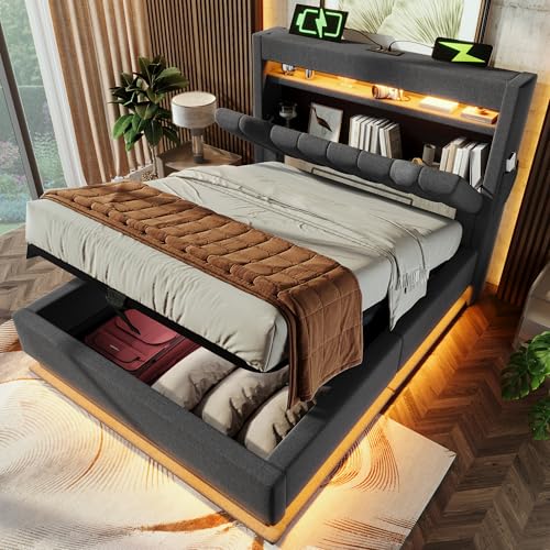 ZYLOYAL10 Polsterbett mit USB L-E-D Doppelbett mit Lattenrost aus Metallrahmen,Bettgestell aus Leinenmaterial Jugendbett (Grau - D, 90x200cm) von ZYLOYAL10
