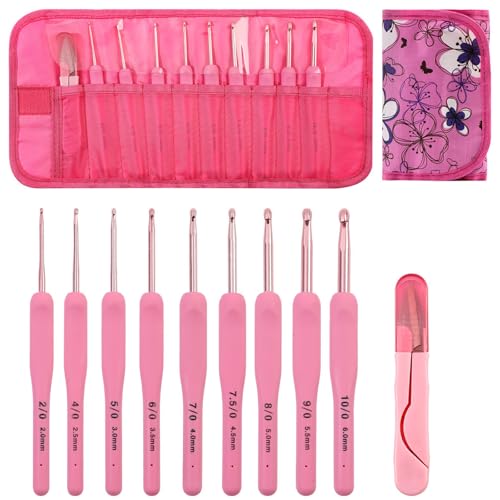 ZYMIADOU 9 ergonomische Häkelnadeln mit weichem Griff, 2,0 mm - 6,0 mm, Aluminiumnadel mit Aufbewahrungsbox und Schere zum Stricken, weicher Aluminiumhaken von ZYMIADOU