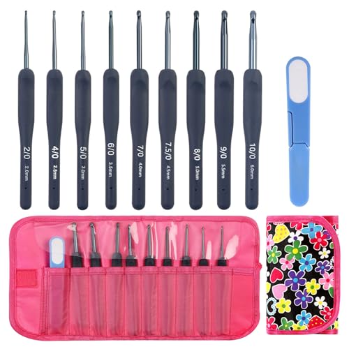 ZYMIADOU 9 ergonomische Häkelnadeln mit weichem Griff, 2,0 mm - 6,0 mm, Aluminiumnadel mit Aufbewahrungsbox und Schere zum Stricken, weicher Aluminiumhaken von ZYMIADOU