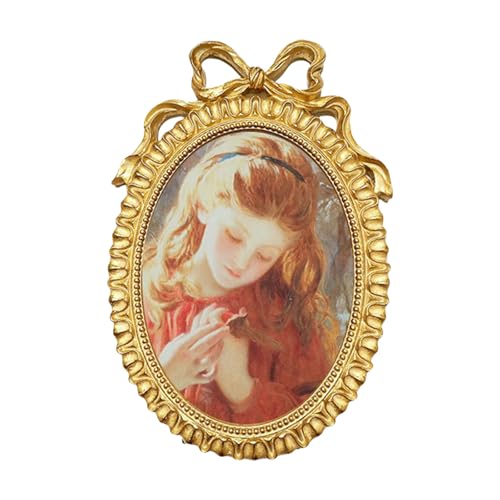 ZYMIADOU Handgefertigter antiker goldfarbener geschnitzter ovaler Schleifen-Bilderrahmen mit Haken zum Aufhängen und Ständer, für Wand- oder Desktop-Dekoration, Vintage-Goldschnitzerei-Bilderrahmen von ZYMIADOU
