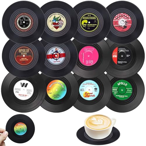 ZYNERY 12Stk Vinyl Schallplatten Untersetzer - Retro Record Glasuntersetzer für Gläser und Getränke - Nostalgische Mode, Rutschfest und Verbrühsicher von ZYNERY
