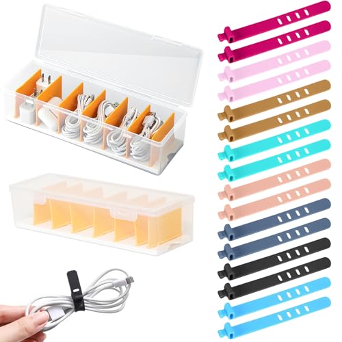 ZYNERY 2 Stück Kabel Aufbewahrungsbox, Kabelbox Kunststoff Transparent, Cable Management Box mit 7 Fächer & 16 Kabelbindern, praktischer Kabelschutz und Kabelaufwicklung von ZYNERY