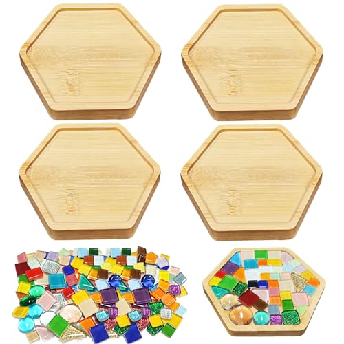 ZYNERY 4 Stück Holz Untersetzer Mosaik Bastelset Erwachsene Mosaik Untersetzer DIY mit Mosaiksteine Kreatives Holzuntersetzer Basteln Handgefertigte Geschenke (Hexagon) von ZYNERY