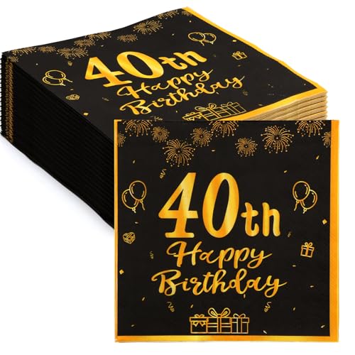 ZYNERY 60Stk 40 Geburtstags Deko Servietten, Schwarze Gold Happy Birthday Servietten 33cm x 33cm, 40er Geburtstag Männer Frauen Geburtstags Party Deko, Servietten 40 Geburtstag (40 Geburtstag) von ZYNERY