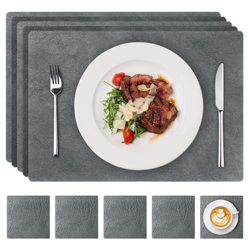 ZYNERY 5er Set Rechteckiges Tischsets Abwaschbar und Quadratische Untersetzer, Platzset Leder Abwaschbar Doppelseitigen, Lederoptik Platzdeckchen Abwischbar für Küche & Esszimmer (Dunkelgrau) von ZYNERY