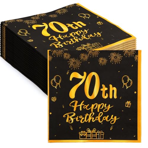 ZYNERY 60Stk 70 Geburtstags Deko Servietten, Schwarze Gold Happy Birthday Servietten 33cm x 33cm, 70er Geburtstag Männer Frauen Geburtstags Party Deko, Servietten 70 Geburtstag (70 Geburtstag) von ZYNERY