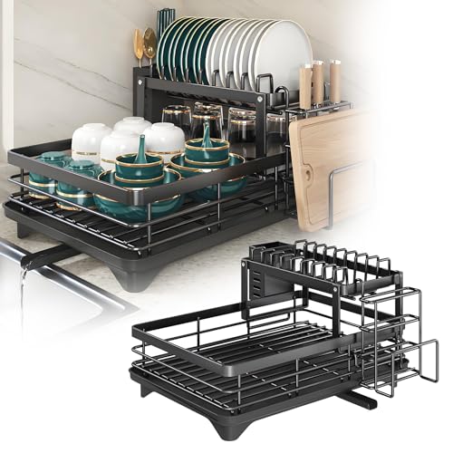 ZYNERY Geschirrabtropfgestell, großes Fassungsvermögen, schwarz, Abtropfgestell, 2 Ebenen, mit Abtropfschale, automatische Entwässerung, Aufbewahrung von Geschirr, Küche, für Küchentheke von ZYNERY