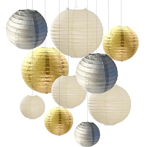 ZYOOO 10 Stück Goldene Silber Beige Papierlaterne Lampion rund Lampenschirm (Set 2 Farben à 25cm, 20cm，15cm,10cm) Boho Deko,Lampions Hochzeit,Deko Gartenparty,Bride to Be Deko von ZYOOO lift