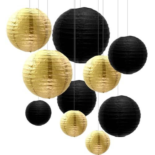 ZYOOO 10 Stück Schwarz Goldene Papierlaterne Lampion rund Lampenschirm (Set 2 Farben à 25cm, 20cm，15cm,10cm) Lampions Hochzeit,Deko Gartenparty,Bride to Be Deko von ZYOOO lift