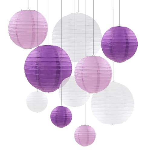 ZYOOO 10 Stück Violett Weiße Papierlaterne Lampion rund Lampenschirm (Set 3 Farben à 25cm, 20cm，15cm,10cm) Lampions Hochzeit,Deko Gartenparty,Bride to Be Deko von ZYOOO lift