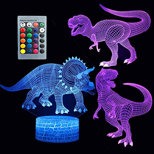 ZYTC Dinosaurier 3D Nachtlicht Touch Tisch Schreibtischlampe Drei Muster 7 Farben Optische Täuschung Lichter mit Acryl Flach & ABS Crack Base & USB Cabler für Kinder von ZYTC
