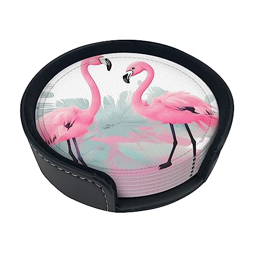 Pinker Flamingo-Untersetzer, runde Leder-Untersetzer (6 Stück), Getränkeuntersetzer mit Halterung, saugfähiger Untersetzer, schützt den Tisch, geeignet für Arten von Tassen, 9,9 cm von ZYVIA