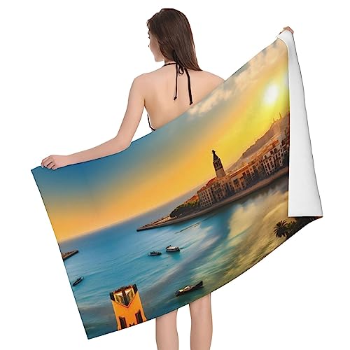 ZYVIA Sunset in Barcelona Badetuch, super saugfähig, Mikrofaser, farbecht, weich und hautfreundlich, kann als Decke verwendet werden, 132,1 x 81,3 cm, geeignet für Badezimmer, Schwimmen, Strand von ZYVIA