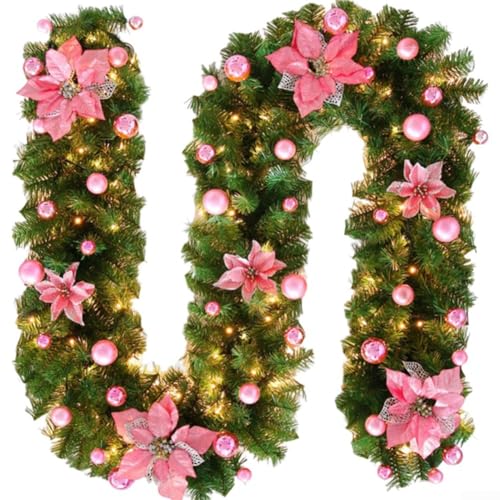 2,7 m lange Weihnachtsgirlande, künstlicher Rattan-Weihnachtskranz für Haustür, hängende Girlande für Kamin, Treppe, Weihnachtsbaumdekoration (Rosa) von ZYWUOY
