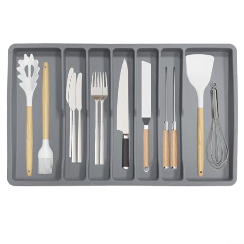 Besteck-Organizer-Tablett, sieben Fächer, Silikon-Besteckhalter, rutschfeste Unterseite, für Küchenschublade, 57 x 35,5 x 3 cm (grau) von ZYWUOY