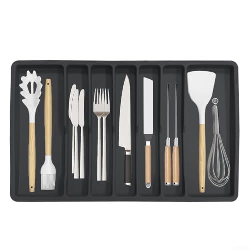 Besteck-Organizer-Tablett, sieben Fächer, Silikon-Besteckhalter, rutschfeste Unterseite, für Küchenschublade, 57 x 35,5 x 3 cm (schwarz) von ZYWUOY