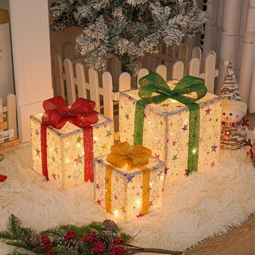 Set mit 3 beleuchteten Weihnachtsgeschenkboxen mit 8 Blinkmodi, LED-Licht-Geschenkbox, Fernbedienung, Weihnachtsgeschenkbox, Lichterkette (Stern) von ZYWUOY