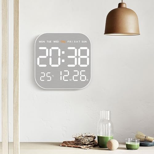 ZYWUOY Elektronische Wanduhr, multifunktionaler LED-Wecker, adaptive Helligkeit, gebürstetes Metall-Zifferblatt, 18,5 x 18,5 x 2,7 cm (weiß) von ZYWUOY