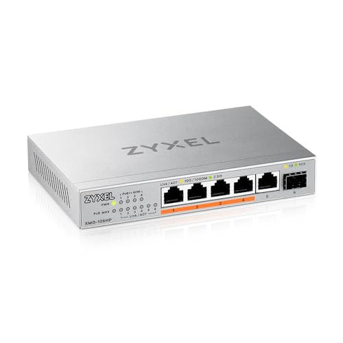 Zyxel 5 Ports PoE 2.5G Multi-Gig Unverwalteter Switch @ 70W mit 4 x PoE++ (60W) | 1 x 10G SFP+ | Wandmontage oder Computermontage [XMG-105HP] von ZYXEL