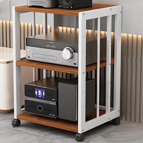 ZYXQQJ Audio-Video Rack HiFi Regal 2 3 4 5 Stöckiges Medienregal Beistelltisch Plattenspieler Stand Stereo Komponenten-Rack Konsolen Regal(White+Teak,3 Tier) von ZYXQQJ