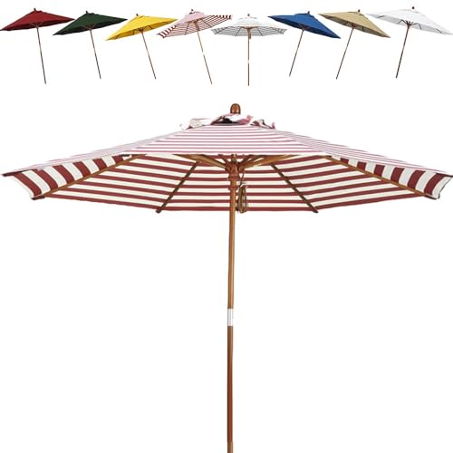 ZYXQQJ Gartenschirm Sonnenschirm Mit Holzmast 210cm 270cm Terrassenschirm Ampelschirm UV Schutz 50+ Strandschirm Mit Belüftung Marktschirm(Red Stripes,2.1m/6.8ft) von ZYXQQJ