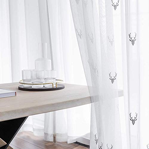 Vorhang Voile Hirsch Stickerei Tüll Transparent Gardinen mit Ösen Fensterschal, für Wohnzimmer Schlafzimmer Balkon Vorhänge 2 Stück,W100xL250cm von ZYY-Home curtain