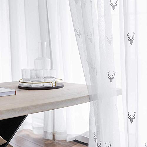 ZYY-Home curtain Vorhang Voile Hirsch Stickerei Tüll Transparent Gardinen mit Ösen Fensterschal, für Wohnzimmer Schlafzimmer Balkon Vorhänge 2 Stück,W100xL250cm von ZYY-Home curtain