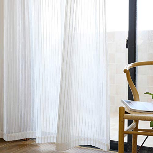 ZYY-Home curtain 2 Stück Halbtransparent Vorhang Weiß Streifen Voile Gardinen Baumwolle Leinen Bleistift Falte Für Wohnzimmer Schlafzimmer,Weiß,W140xL270cm von ZYY-Home curtain