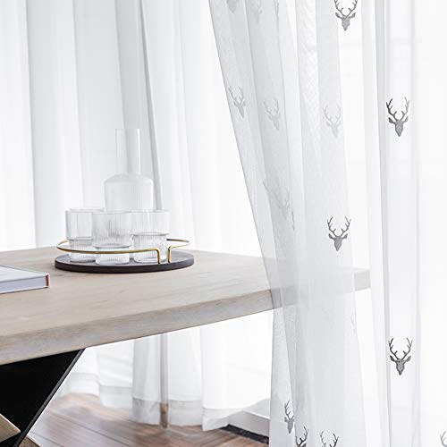 2 Stück Vorhang Voile Hirsch Stickerei Tüll Transparent Gardinen Kräuselband Fensterschal für Wohnzimmer Schlafzimmer Balkon Vorhänge,W200xL250cm von ZYY-Home curtain