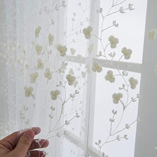 ZYY-Home curtain Blumen Stickerei Transparent Gardinen Ösenschal Einfacher Und Moderner Stil Wohnzimmer Kinderzimmer Schlafzimmer Voile Vorhang 2 Stück,Weiß,W100xL250cm von ZYY-Home curtain