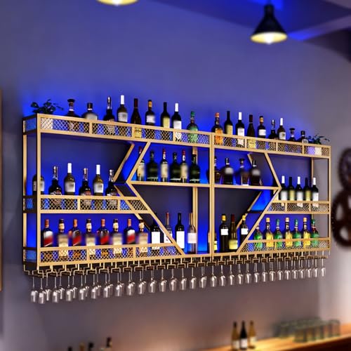 Großes Weinregal Zur Wandmontage,Wand Montiertes Weinregal Mit Weinglasregal Mit LED-Beleuchtung,Metallbar Weinflaschen Präsentationsregal,Industrieller Weinglas Hängeregal(3-layers-Gold,200cm/78.7in) von ZYYLIVR