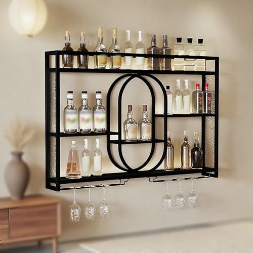 Regal Weinregal Hängend Flaschenregal Metall,Wand Montiertes Weinregal Mit Weinglasregal Eisen Bar Regale Wand Wandmontierte Weinregale Für Bar,Restaurant,Indoor,Schwarz,Gold(Black,39.4IN/100CM) von ZYYLIVR