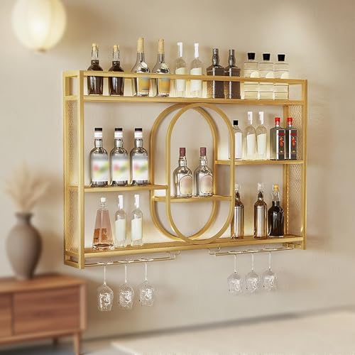 Regal Weinregal Hängend Flaschenregal Metall,Wand Montiertes Weinregal Mit Weinglasregal Eisen Bar Regale Wand Wandmontierte Weinregale Für Bar,Restaurant,Indoor,Schwarz,Gold(Gold,39.4IN/100CM) von ZYYLIVR