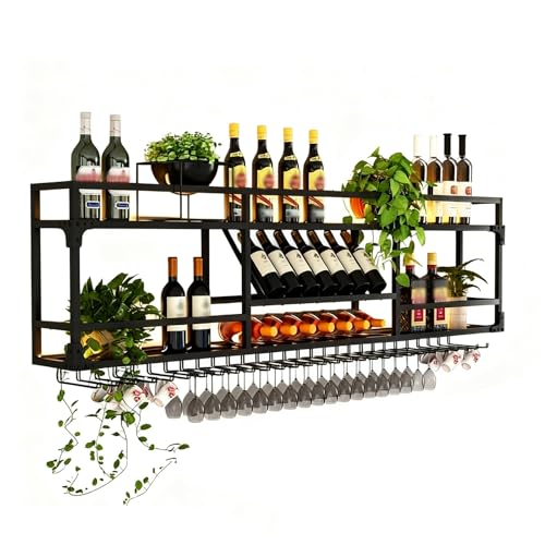 Wand-Weinregal Mit LED-Beleuchtung,Weinflaschenhalter Metall Modernes,bar Regal Für Restaurants Und Zuhause,Vereint Elegante Präsentation Mit Hochwertiger Aufbewahrung(2-layers-Black,150cm/59in) von ZYYLIVR