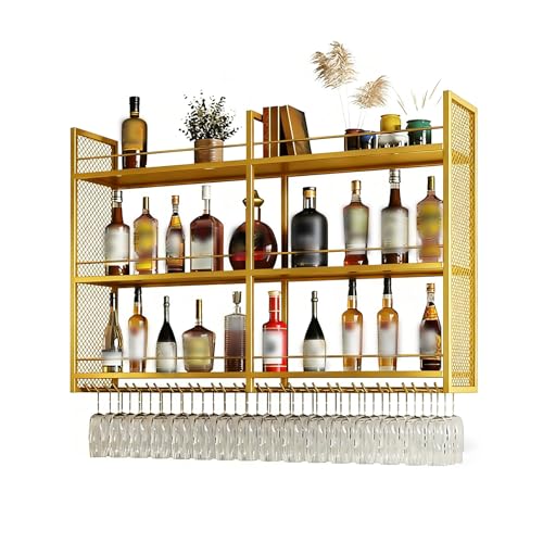 Weinregal Zur Wandmontage,Wand Montiertes Weinregal Mit Weinglasregal,Metall Bar Weinflaschen Präsentationsregal,Weinglas Hängeregal,Geeignet Für Für Weinkeller Und Küche,Café(Gold,120cm/47.2in) von ZYYLIVR