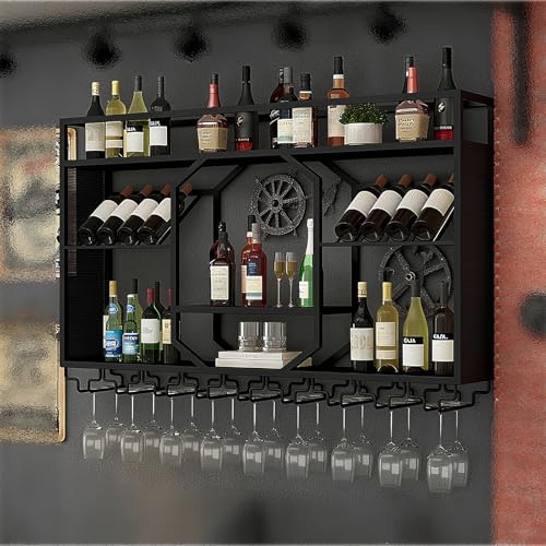 ZYYLIVR 3-stöckige Wand-Weinregal Industrieller Stil,Metall- Und Glas-Design Für Bar-Einheiten,Restaurants Und Zuhause,Vereint Elegante Präsentation Mit Hochwertiger Aufbewahrung(Black,63in/160cm) von ZYYLIVR
