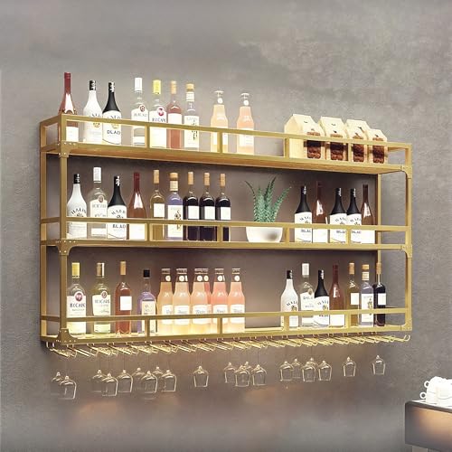 ZYYLIVR Hängender Bar Metall Weinregal Dreischichtig,Industrielles Hängend Weinglashalter,3-Stöckige metallisch Wandmontage Küchen Hängeregal,modern Weinflasche Display Eisernzur(Gold,59in/150cm) von ZYYLIVR