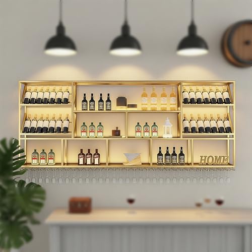 ZYYLIVR Industrielle Weinregal Zur Wandmontage Mit Weinglashalter,schwebende Regale Für Weinflaschen Und Gläser,Aufhänger Spirituosen-Und Stielgläser,hängendes Weinflaschenregal(Gold,78.7in/200cm) von ZYYLIVR