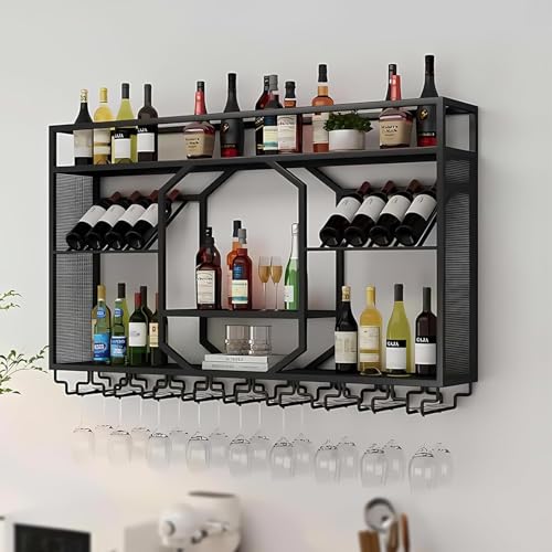 ZYYLIVR Industrieller Stil Weinregal Zur Wandmontage,3-stöckige Wand Montiertes Weinregal Mit Weinglasregal,Metallbar Weinflaschen Präsentationsregal,für Café,Schwarz/Gold(Black,47.2in/120cm) von ZYYLIVR