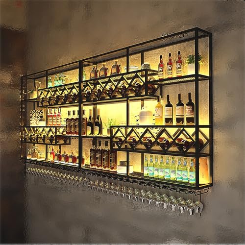 ZYYLIVR Industrieller Wand-Weinregal Mit LED-Beleuchtung,Wand Montiertes Weinregal Mit Weinglasregal,Metall Bar Weinflaschen Präsentationsregal,Weinglas Hängeregal,Schwarz(300cm/118in) von ZYYLIVR
