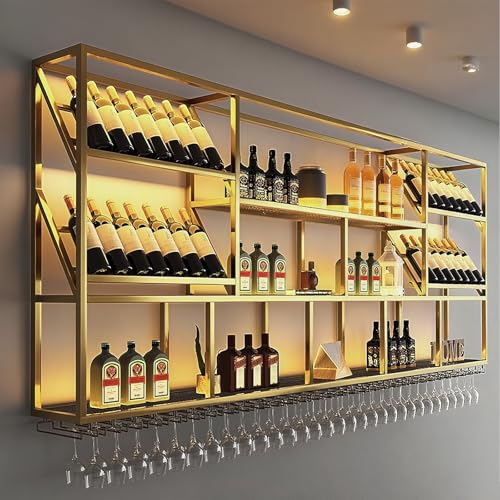 ZYYLIVR LED-Weinregal Zur Wandmontage,industrieller Metall-Weinflaschen- Und Glashalter,große Schwebende Regale,Weinflaschen-Organizer,Kelchregal Für Zuhause,Esszimmer,Schwarz/Gold(Gold,98.4in/250cm) von ZYYLIVR