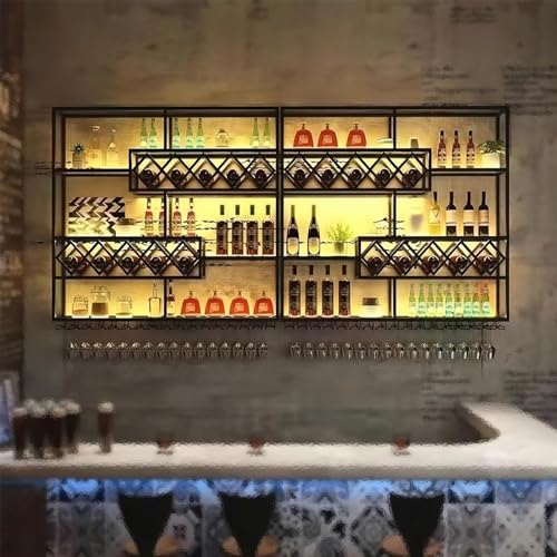 ZYYLIVR Regal Metall Weinregal Hängend Flaschenregal,Mit Glashaltern Bar Regale Wand Wandmontierte Weinregale LED-Beleuchtung Für Weinkeller Und Küche,Restaurant,Indoor,Schwarz(200cm/78in) von ZYYLIVR