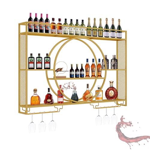ZYYLIVR Weinregal Wand, Flaschenregal Wand Mit LED-Licht, Weinhalter Metall Hängend, Weinflaschenhalter Mit Glashalter, Weinständer Für Küche Weinkeller(Gold,140 * 80cm/55 * 31.5in) von ZYYLIVR