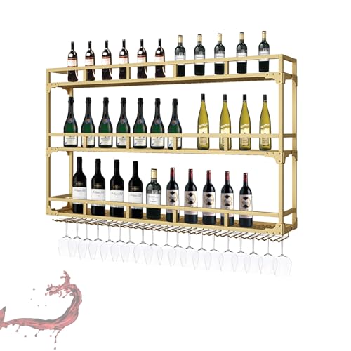 ZYYLIVR Weinregal Wand, Flaschenregal Wand Mit LED-Licht, Weinhalter Metall Hängend, Weinständer Weinregal zur Wandmontage Bar Regal Für Küche Weinkeller(Gold,140x90cm/55x35.4in) von ZYYLIVR