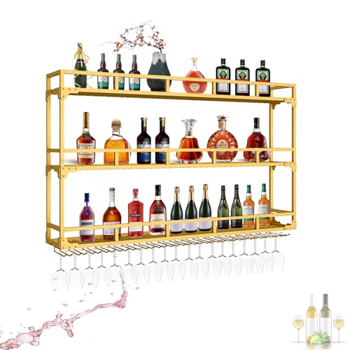 ZYYLIVR Weinregal Wand, Flaschenregal Wand Mit LED-Licht, Weinregal zur Wandmontage Mit Glashalter, Wandmontage Weinständer Für Küche Weinkeller Esszimmerdekoration(Gold,120x90cm/47.2x35.4in) von ZYYLIVR