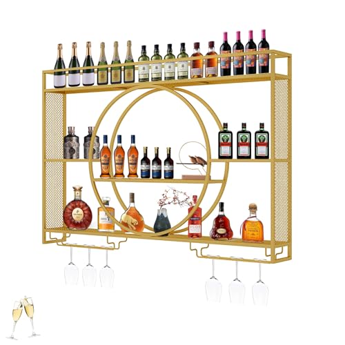 ZYYLIVR Weinregal Wand, Flaschenregal Wand Mit LED-Licht, Weinregale Hängend Mit Weingläserhalter, Weinhalter Metall Hängend Weinständer Für Küche Weinkeller(Gold,140 * 80cm/55 * 31.5in) von ZYYLIVR
