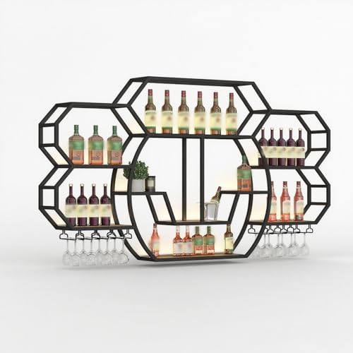 ZYYLIVR Weinregal Zur Wandmontage,Bar-Einheit Schwebendes Regal Metall,Weinregale Display Rack Aus Eisen Mit LED-Beleuchtung,Modernes Bar Regale Wand Mit Weinflaschenhalter Und Glasregal(Black) von ZYYLIVR