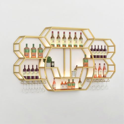 ZYYLIVR Weinregal Zur Wandmontage,Bar-Einheit Schwebendes Regal Metall,Weinregale Display Rack Aus Eisen Mit LED-Beleuchtung,Modernes Bar Regale Wand Mit Weinflaschenhalter Und Glasregal(Gold) von ZYYLIVR